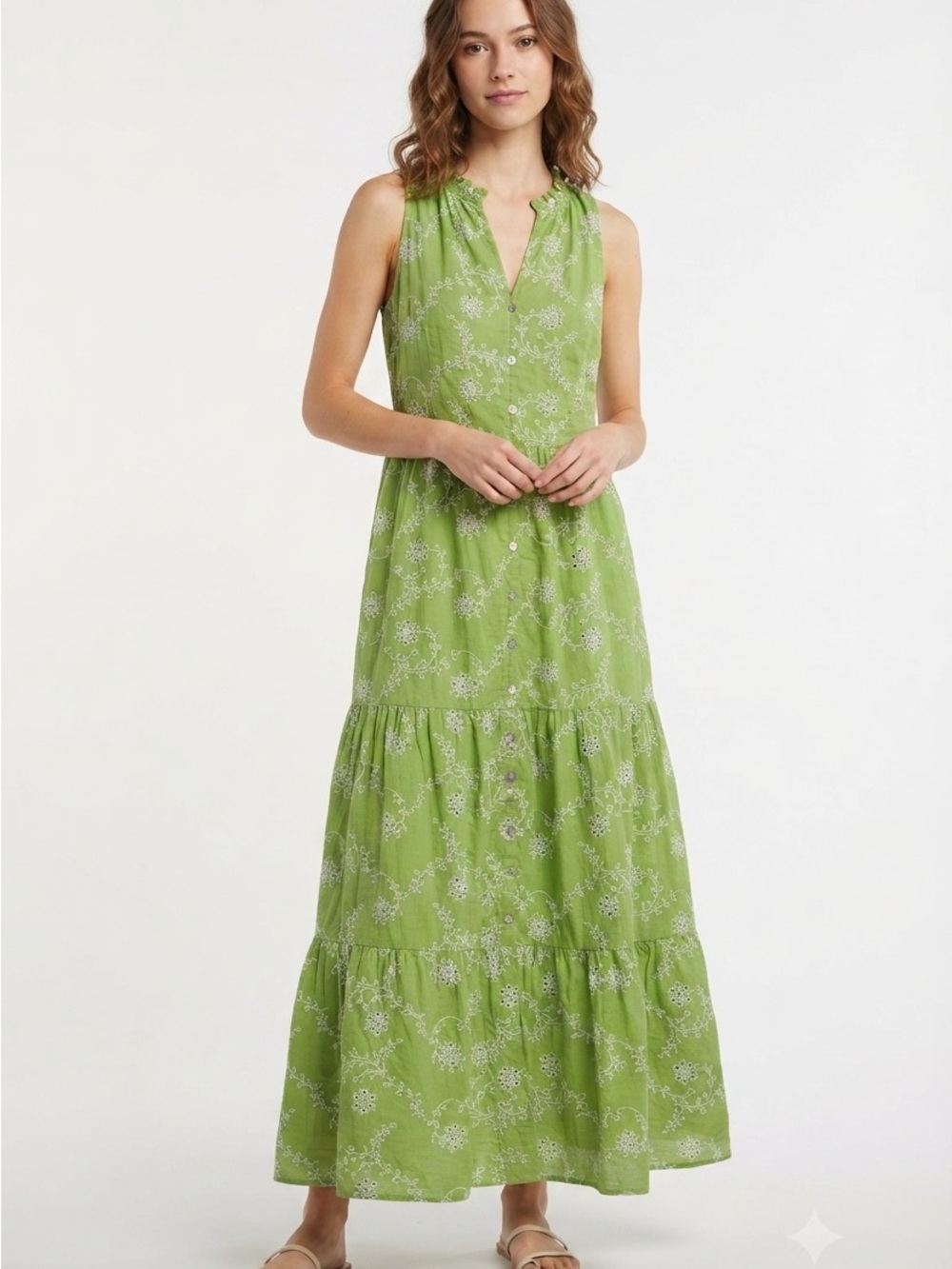 J. Jill Lime Green Floral Button-Front Tiered Maxi Dress